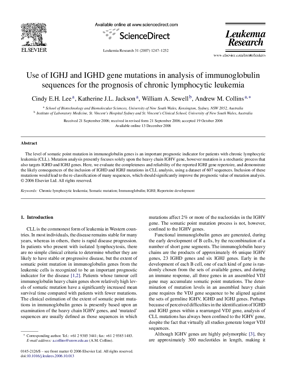 Use of IGHJ and IGHD gene mutations in analysis of immunoglobulin sequences for the prognosis of chronic lymphocytic leukemia