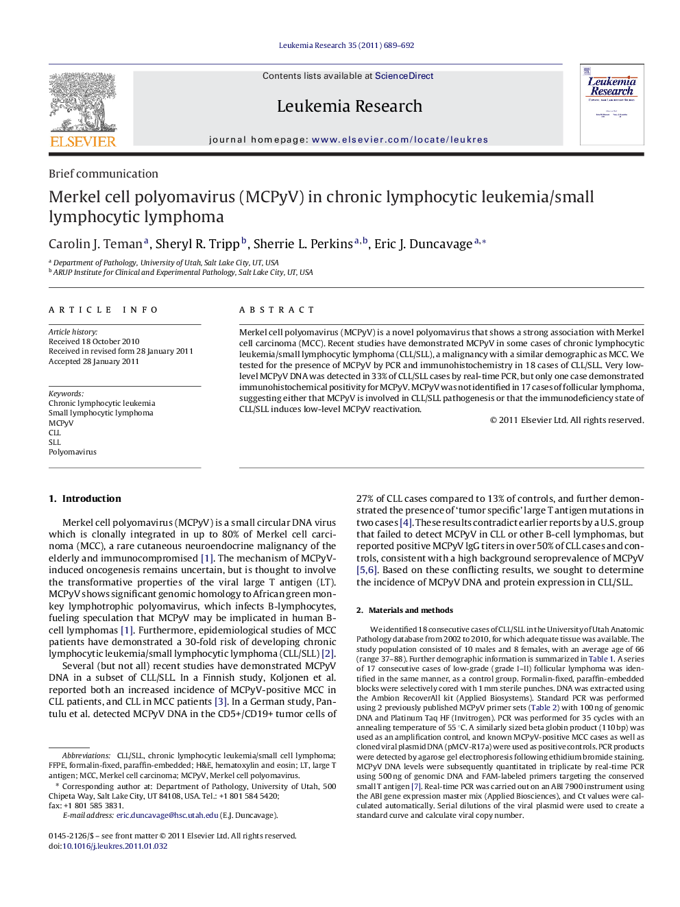 Merkel cell polyomavirus (MCPyV) in chronic lymphocytic leukemia/small lymphocytic lymphoma