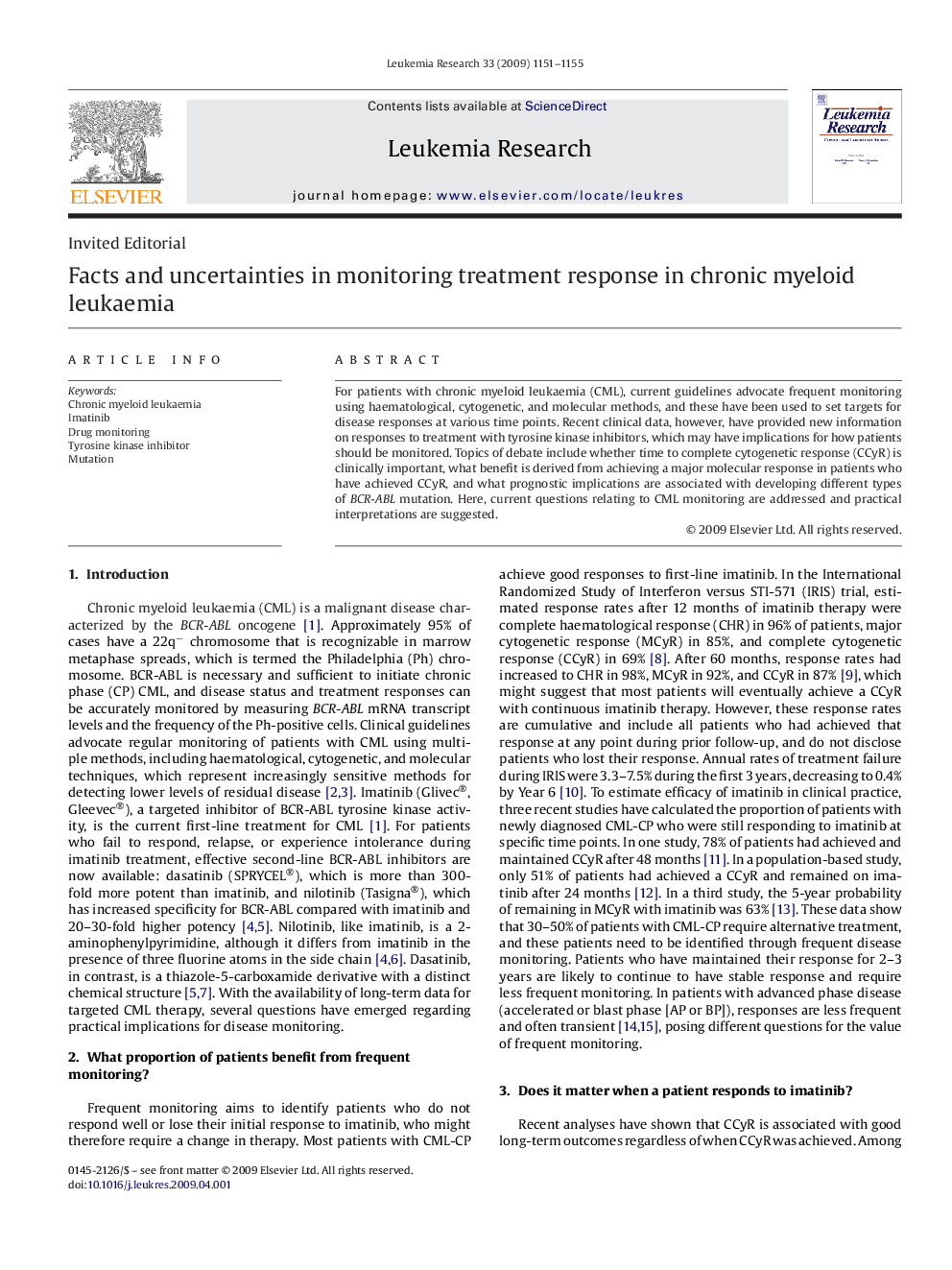 Facts and uncertainties in monitoring treatment response in chronic myeloid leukaemia