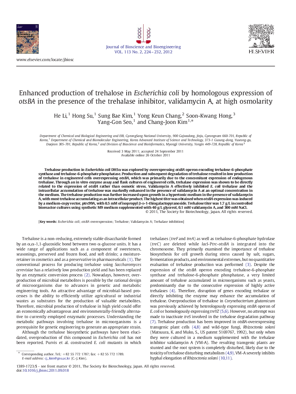 Enhanced production of trehalose in Escherichia coli by homologous expression of otsBA in the presence of the trehalase inhibitor, validamycin A, at high osmolarity