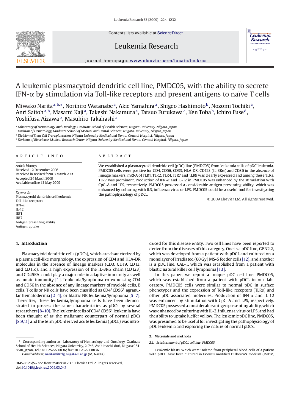 A leukemic plasmacytoid dendritic cell line, PMDC05, with the ability to secrete IFN-Î± by stimulation via Toll-like receptors and present antigens to naïve T cells