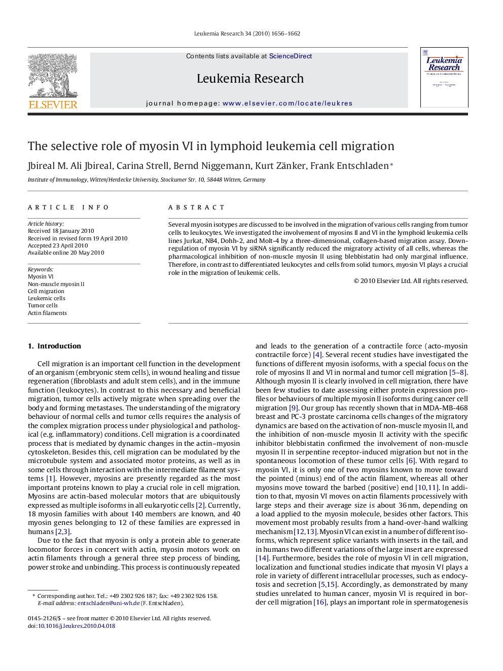 The selective role of myosin VI in lymphoid leukemia cell migration