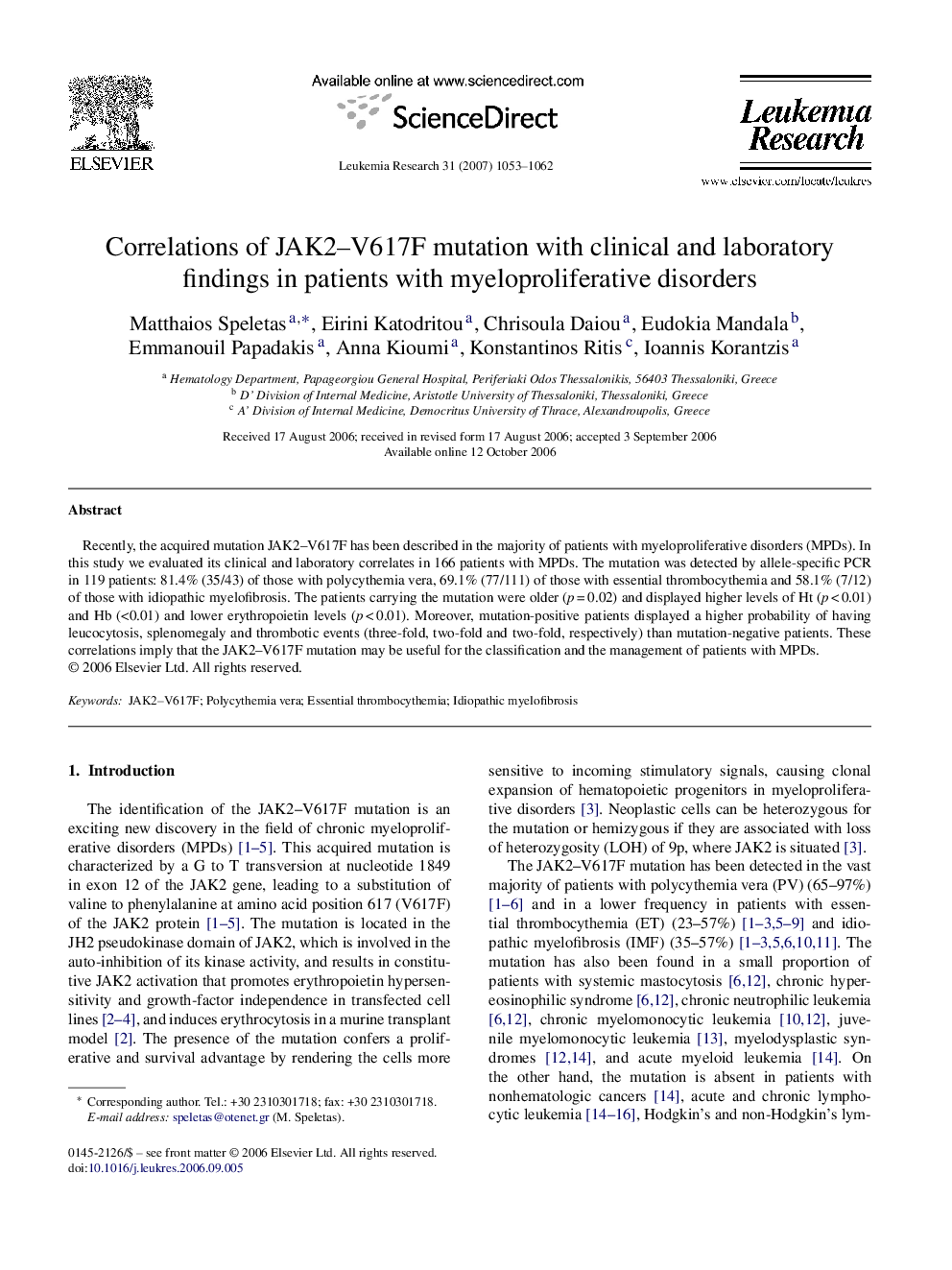 Correlations of JAK2-V617F mutation with clinical and laboratory findings in patients with myeloproliferative disorders