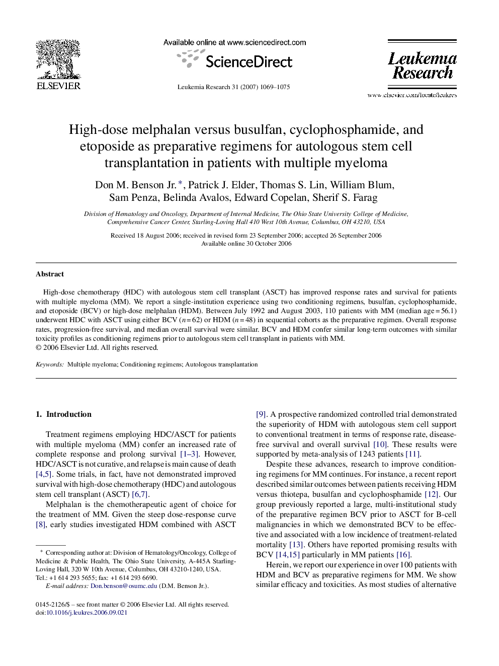 High-dose melphalan versus busulfan, cyclophosphamide, and etoposide as preparative regimens for autologous stem cell transplantation in patients with multiple myeloma