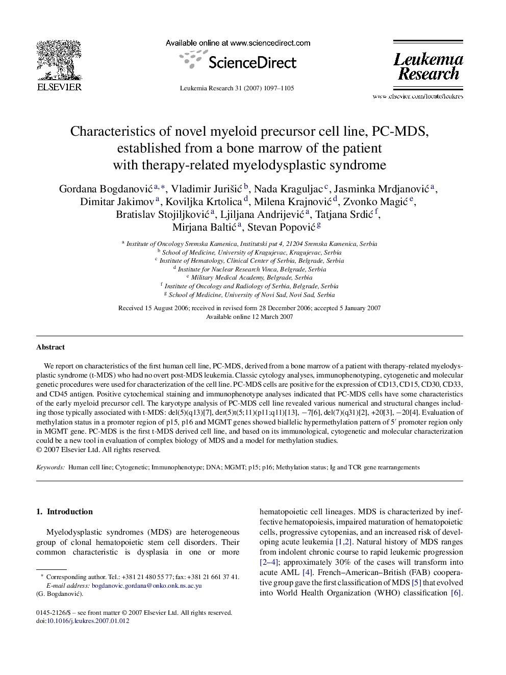 Characteristics of novel myeloid precursor cell line, PC-MDS, established from a bone marrow of the patient with therapy-related myelodysplastic syndrome