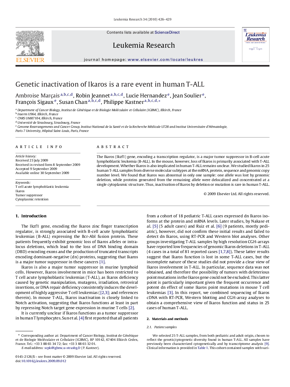 Genetic inactivation of Ikaros is a rare event in human T-ALL