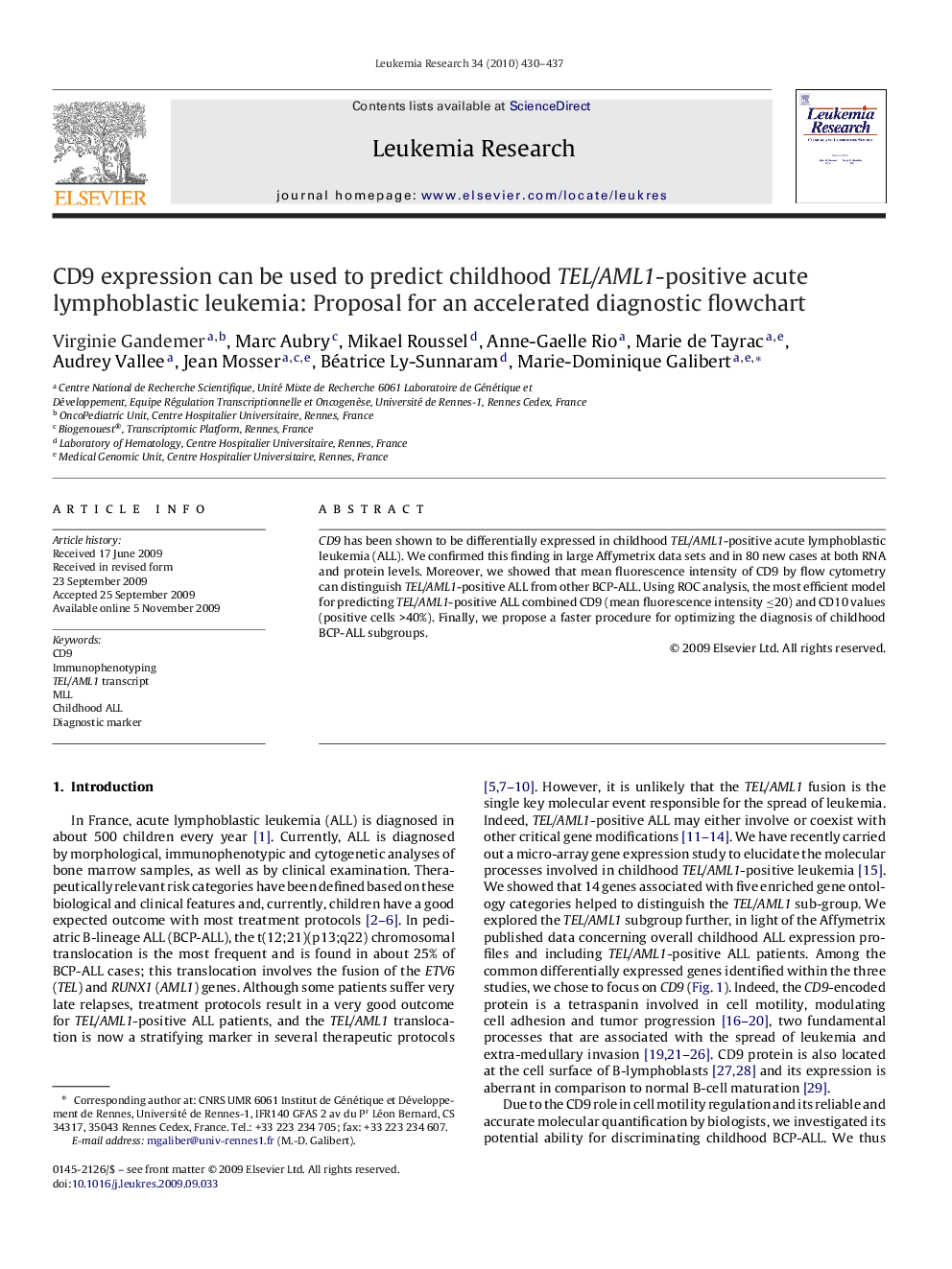 CD9 expression can be used to predict childhood TEL/AML1-positive acute lymphoblastic leukemia: Proposal for an accelerated diagnostic flowchart