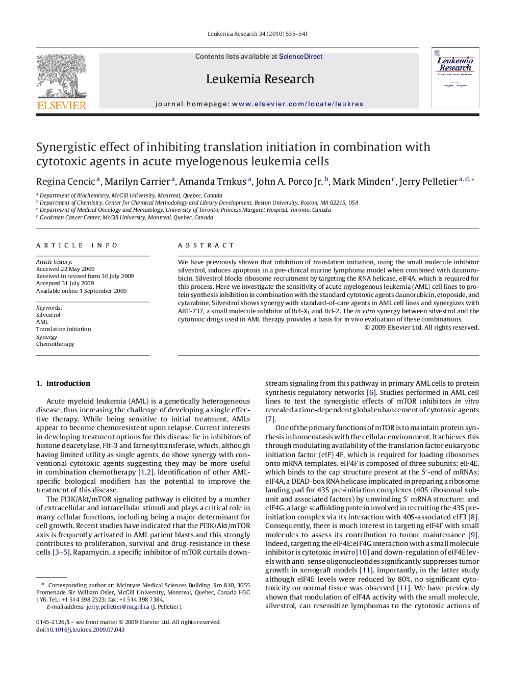 Synergistic effect of inhibiting translation initiation in combination with cytotoxic agents in acute myelogenous leukemia cells