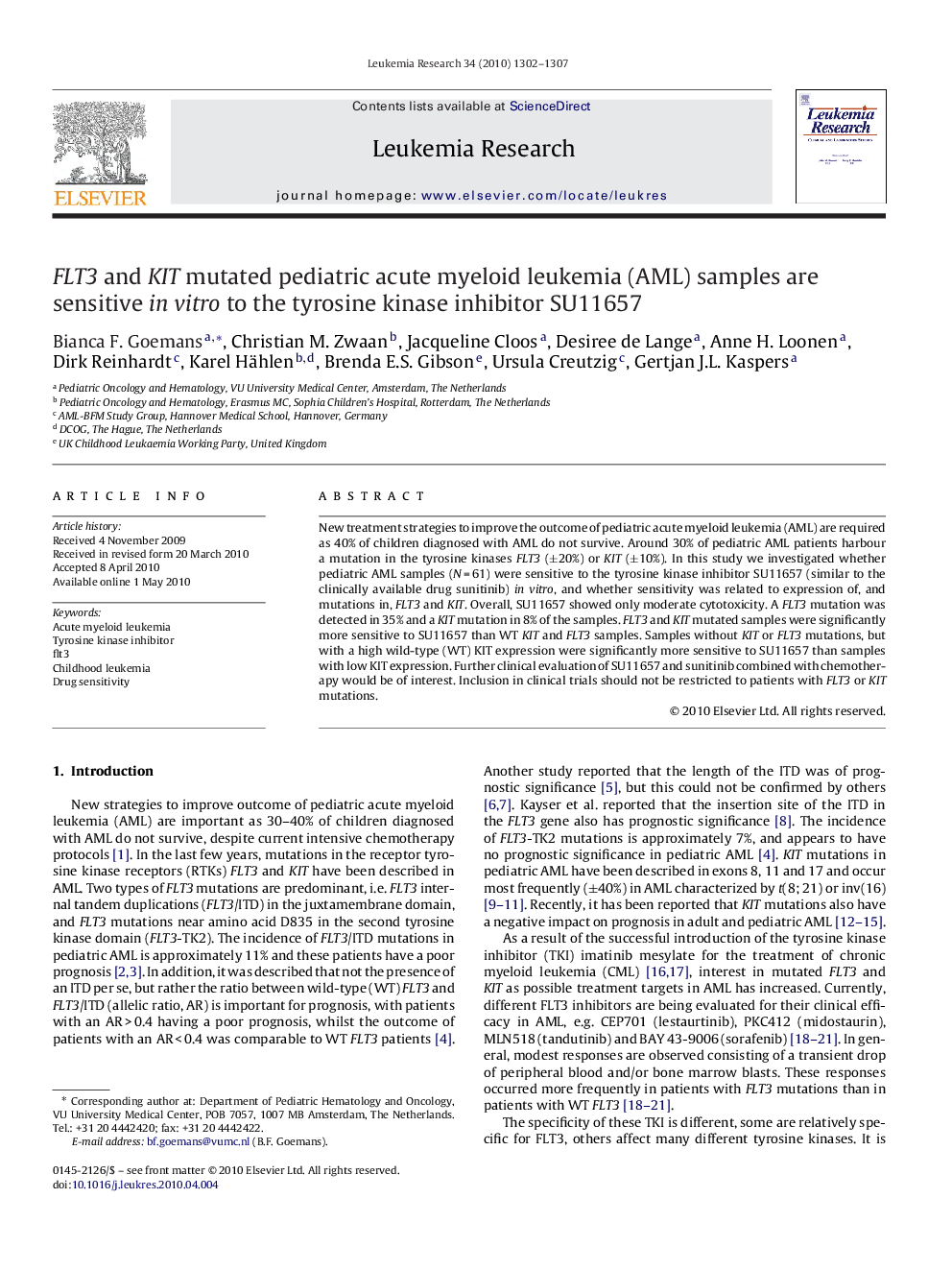 FLT3 and KIT mutated pediatric acute myeloid leukemia (AML) samples are sensitive in vitro to the tyrosine kinase inhibitor SU11657