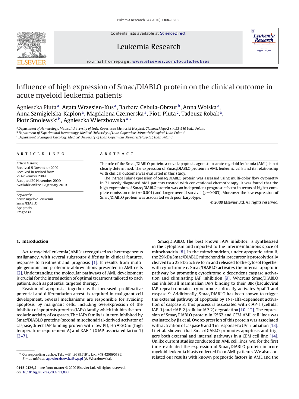 Influence of high expression of Smac/DIABLO protein on the clinical outcome in acute myeloid leukemia patients