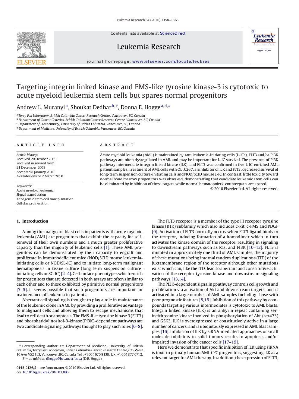 Targeting integrin linked kinase and FMS-like tyrosine kinase-3 is cytotoxic to acute myeloid leukemia stem cells but spares normal progenitors