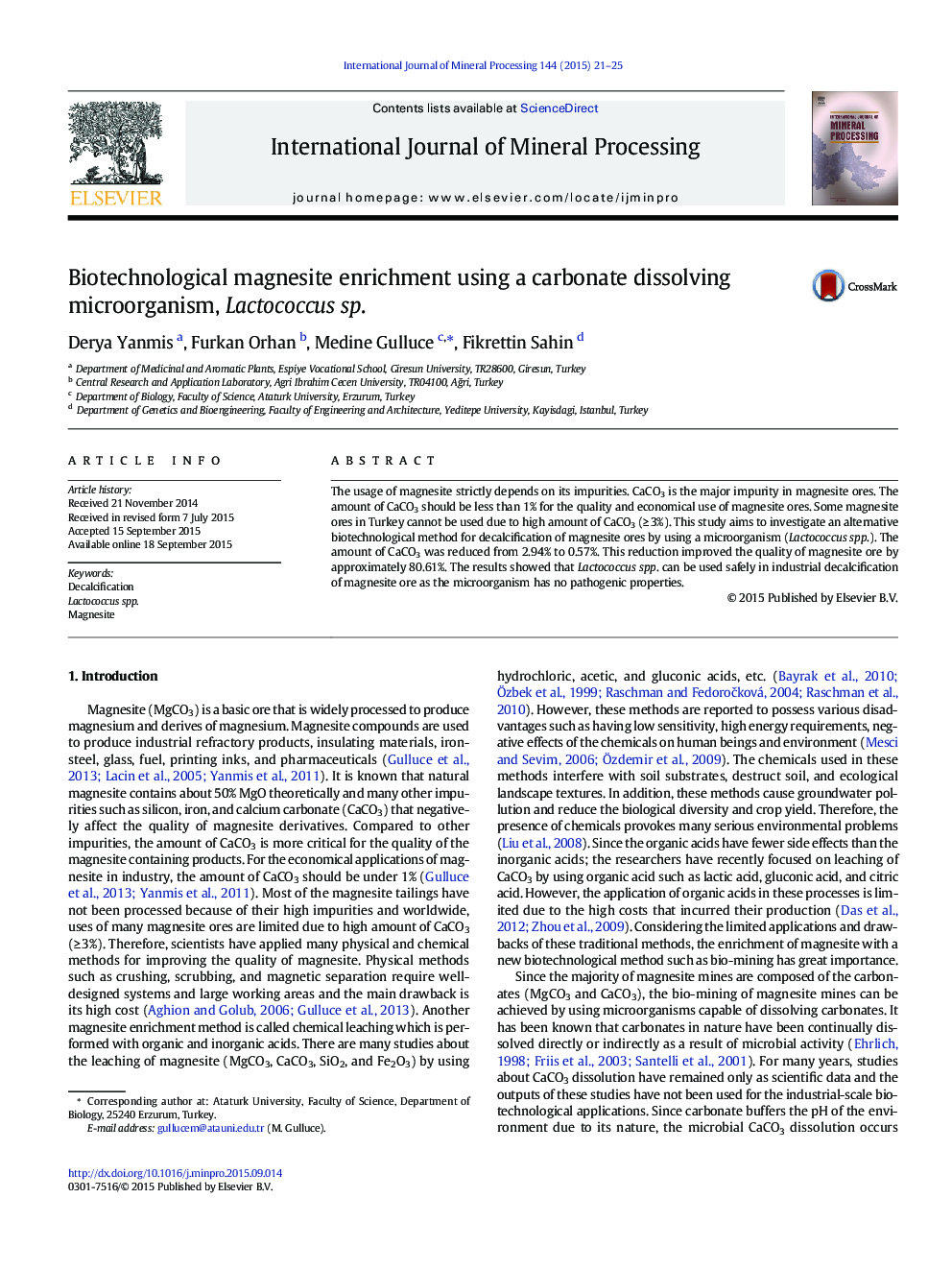 عکس صفحه اول مقاله: Biotechnological magnesite enrichment using a carbonate dissolving microorganism, Lactococcus sp. Biotechnological magnesite enrichment using a carbonate dissolving microorganism, Lactococcus sp.