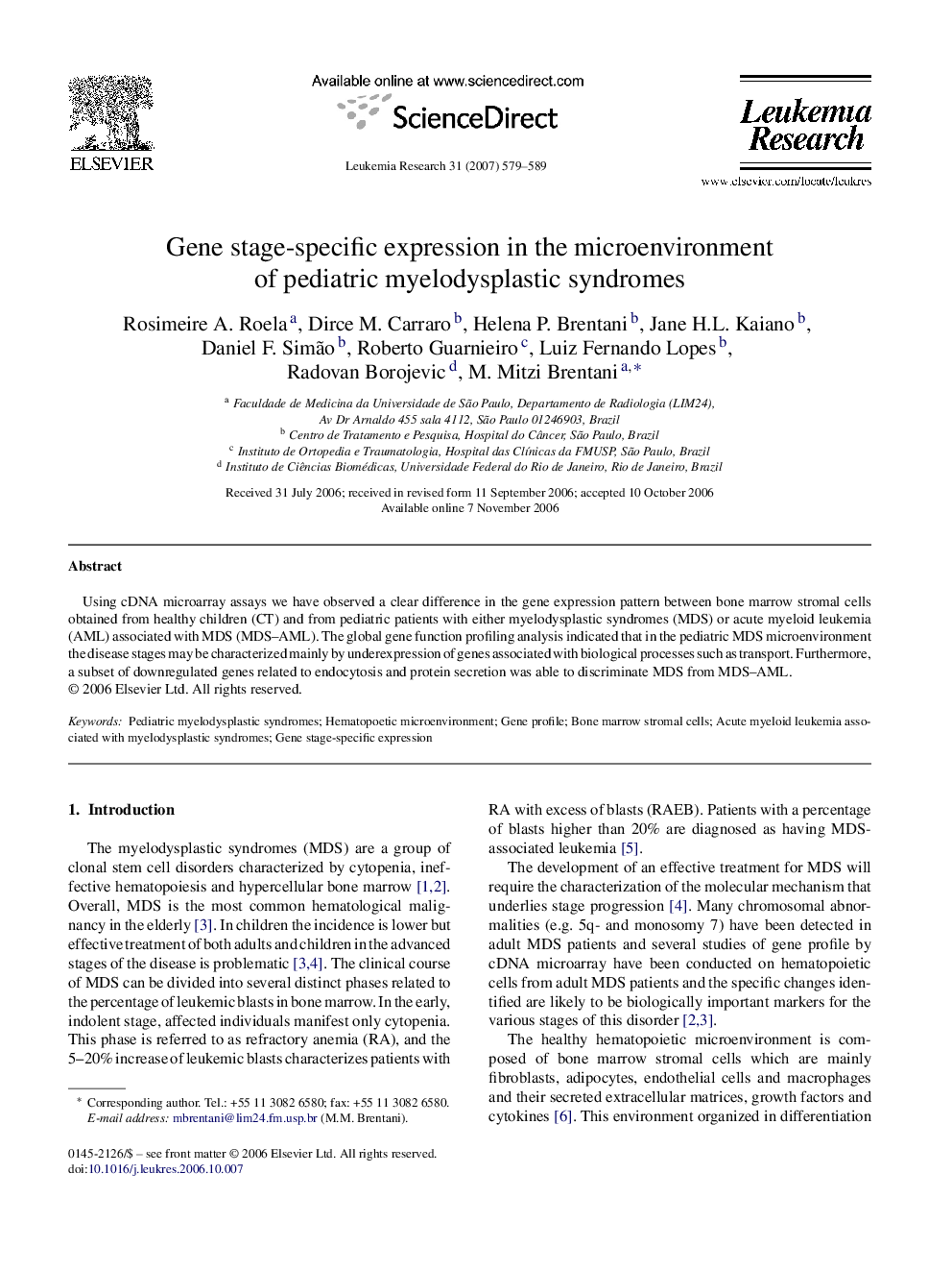 Gene stage-specific expression in the microenvironment of pediatric myelodysplastic syndromes