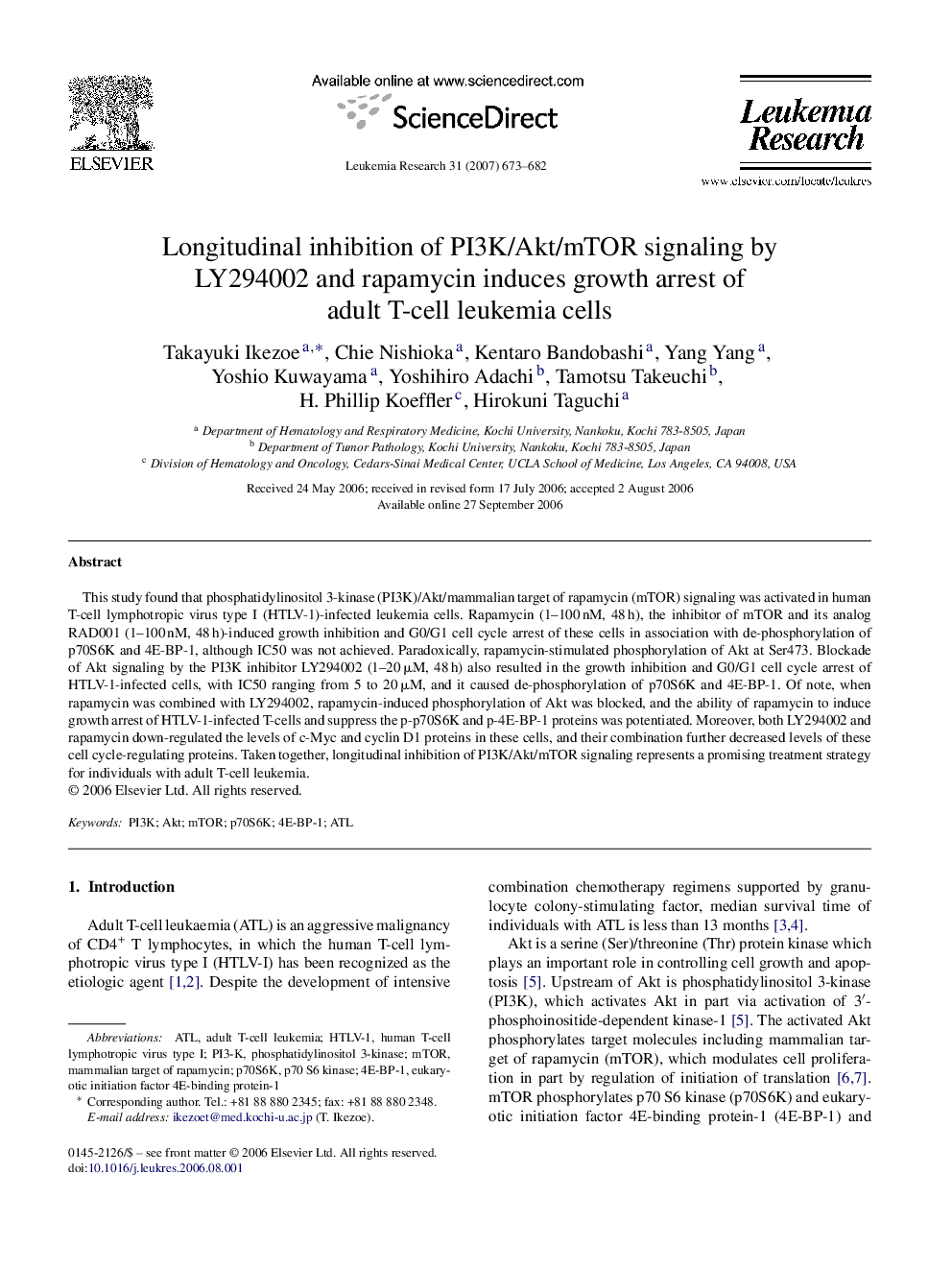 Longitudinal inhibition of PI3K/Akt/mTOR signaling by LY294002 and rapamycin induces growth arrest of adult T-cell leukemia cells