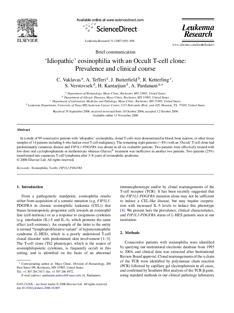 ‘Idiopathic’ eosinophilia with an Occult T-cell clone: Prevalence and clinical course