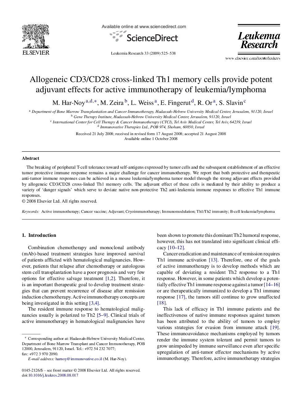 Allogeneic CD3/CD28 cross-linked Th1 memory cells provide potent adjuvant effects for active immunotherapy of leukemia/lymphoma