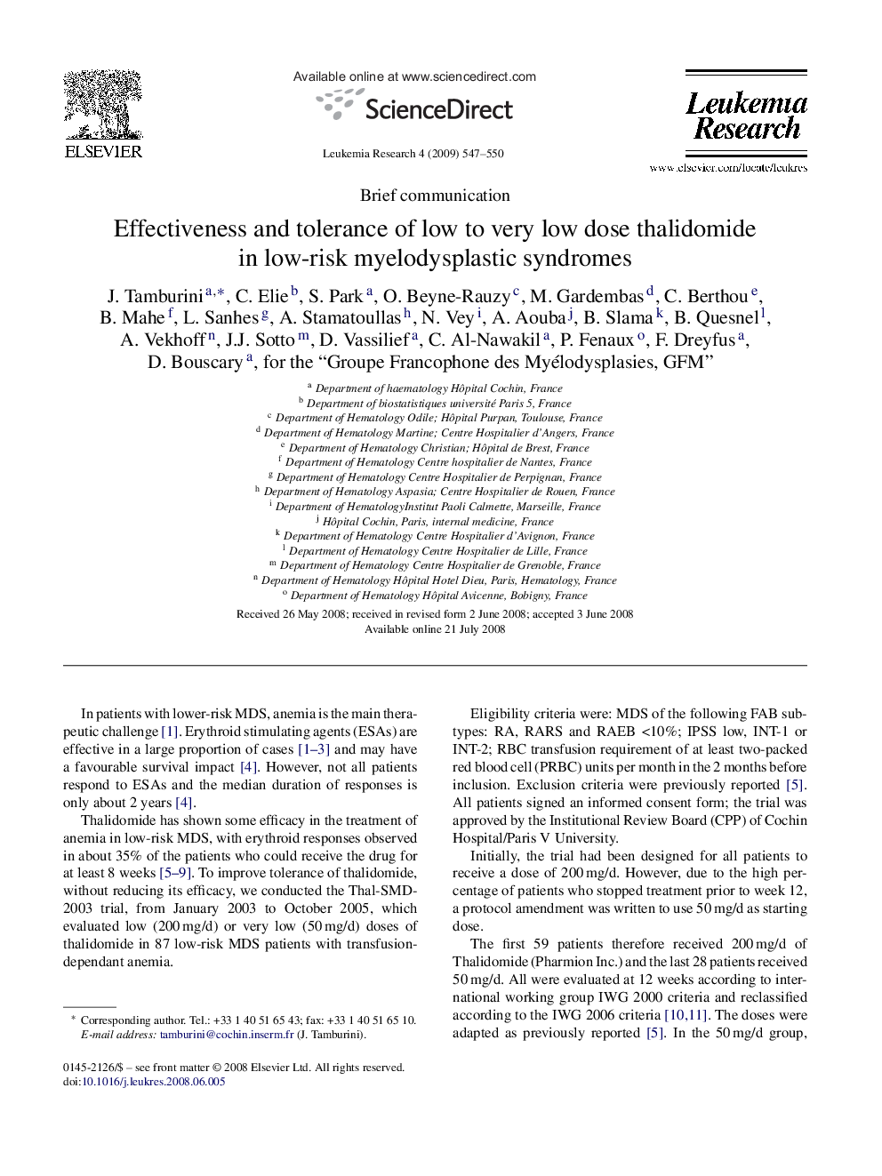 Effectiveness and tolerance of low to very low dose thalidomide in low-risk myelodysplastic syndromes