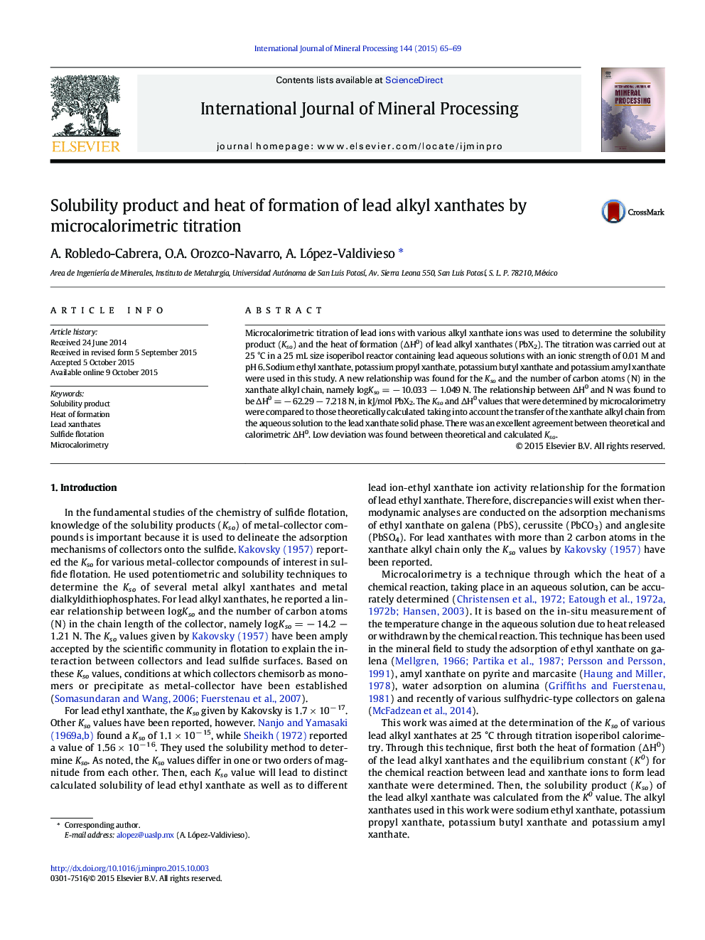 Solubility product and heat of formation of lead alkyl xanthates by microcalorimetric titration