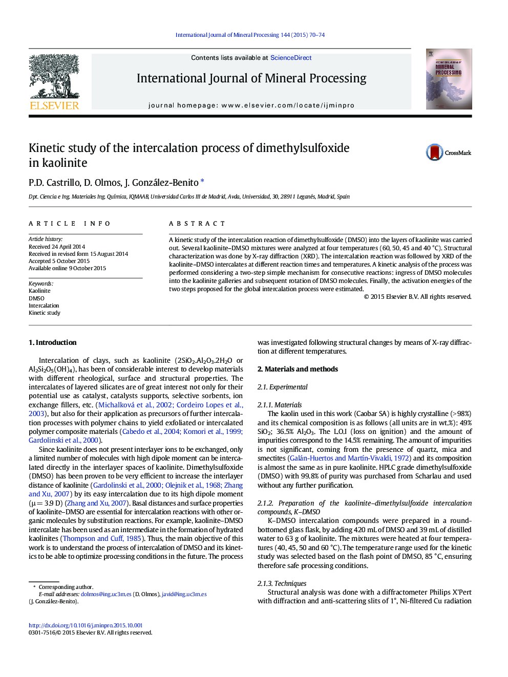 Kinetic study of the intercalation process of dimethylsulfoxide in kaolinite