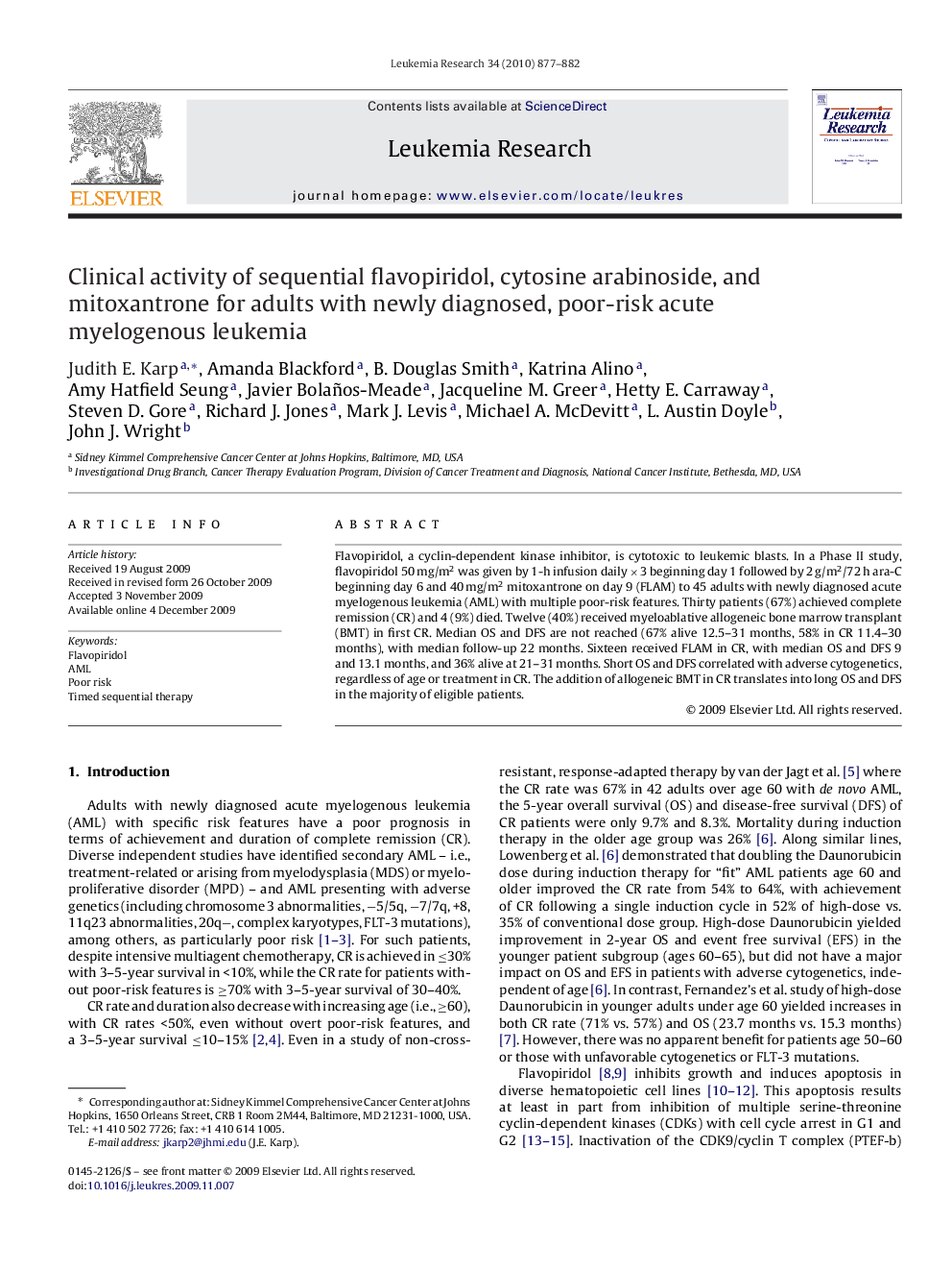 Clinical activity of sequential flavopiridol, cytosine arabinoside, and mitoxantrone for adults with newly diagnosed, poor-risk acute myelogenous leukemia