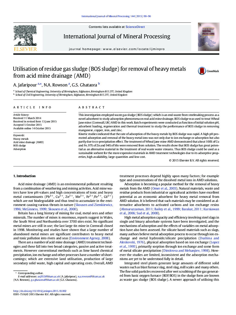 Utilisation of residue gas sludge (BOS sludge) for removal of heavy metals from acid mine drainage (AMD)