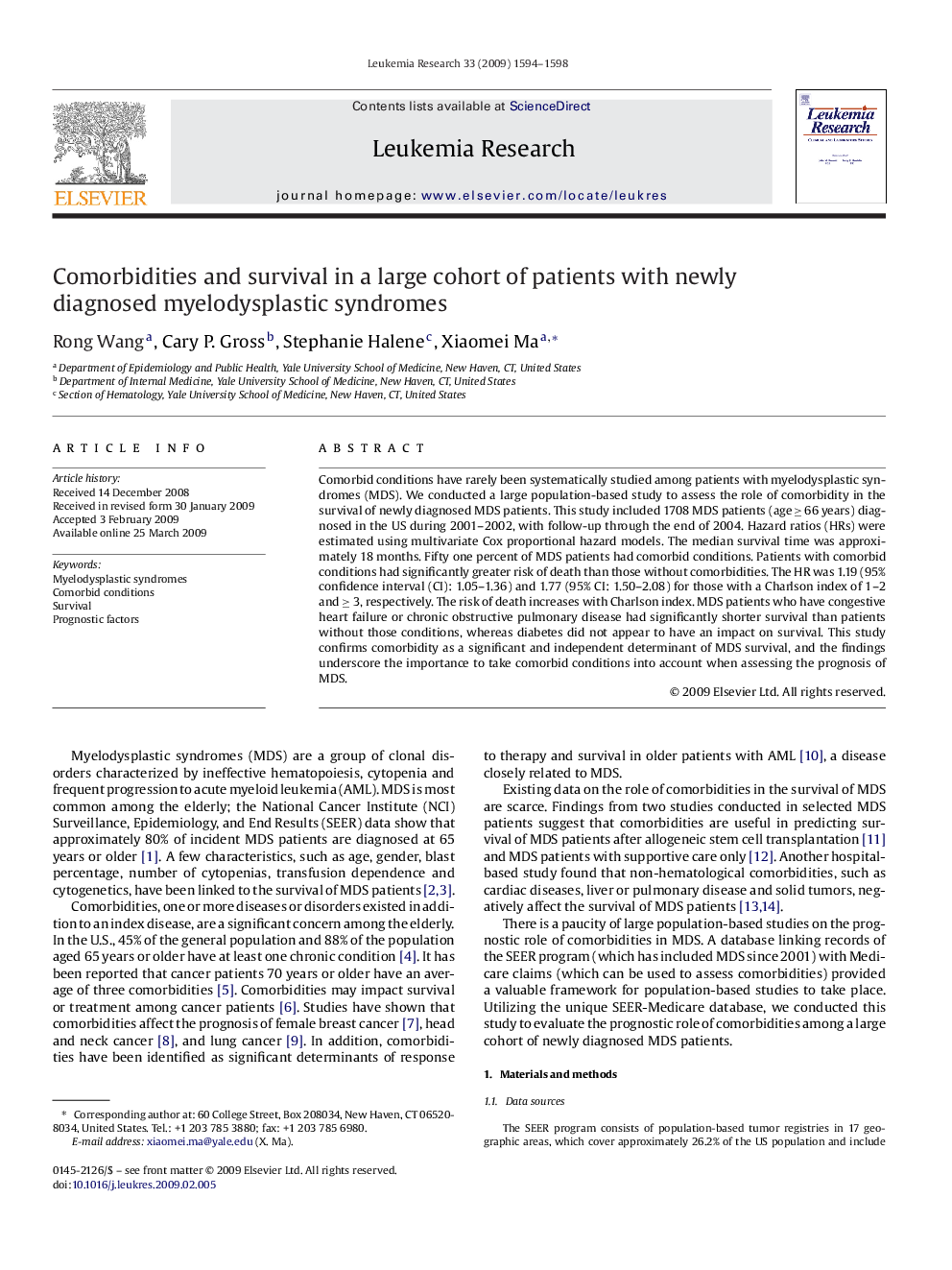 Comorbidities and survival in a large cohort of patients with newly diagnosed myelodysplastic syndromes