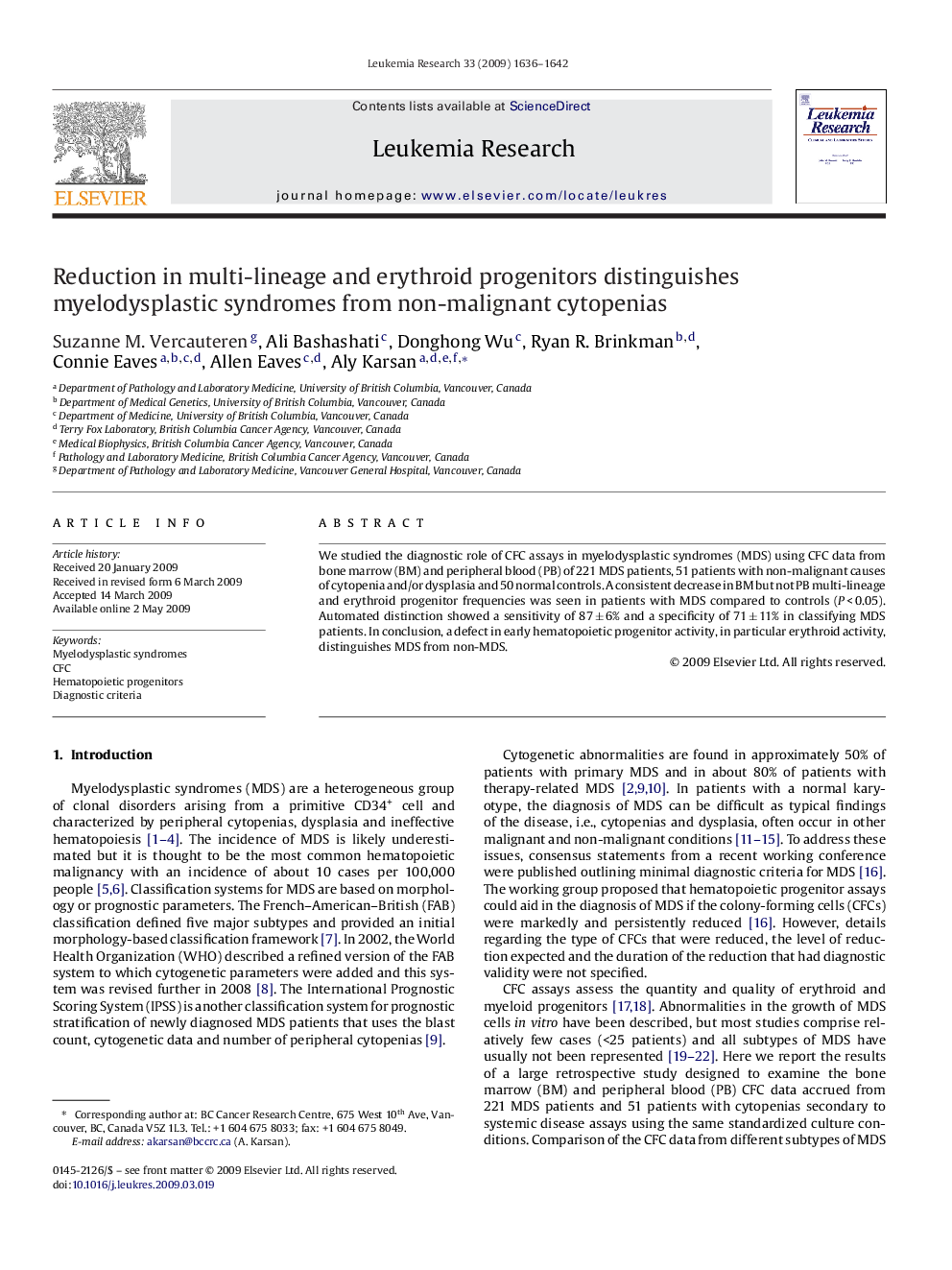 Reduction in multi-lineage and erythroid progenitors distinguishes myelodysplastic syndromes from non-malignant cytopenias