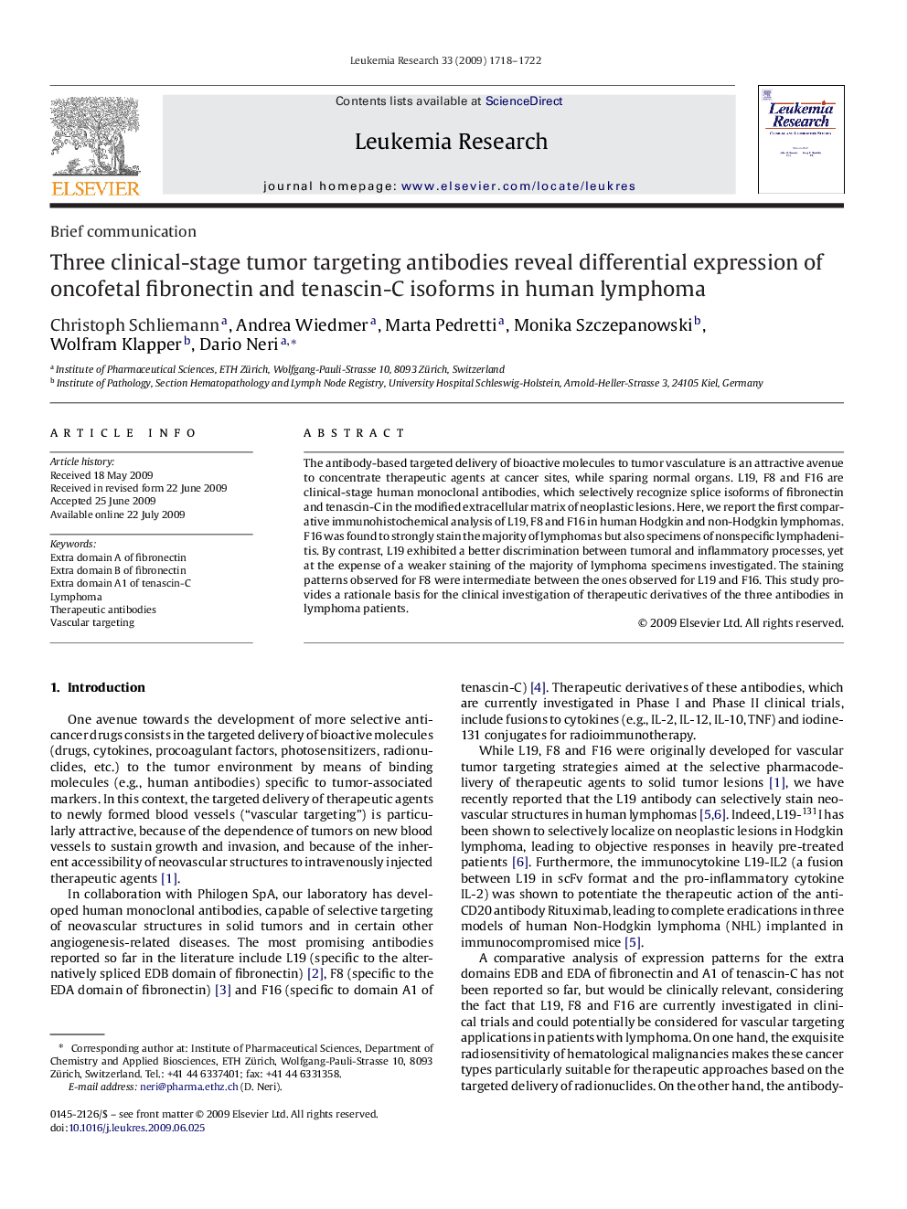 Three clinical-stage tumor targeting antibodies reveal differential expression of oncofetal fibronectin and tenascin-C isoforms in human lymphoma