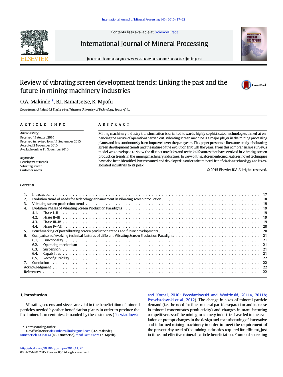 Review of vibrating screen development trends: Linking the past and the future in mining machinery industries