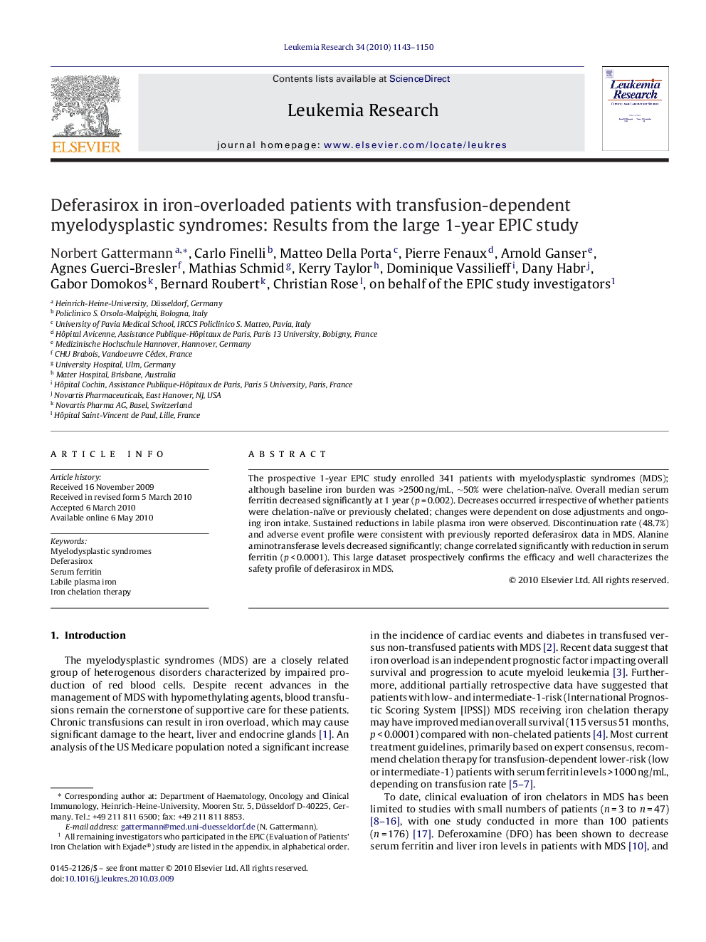 Deferasirox in iron-overloaded patients with transfusion-dependent myelodysplastic syndromes: Results from the large 1-year EPIC study