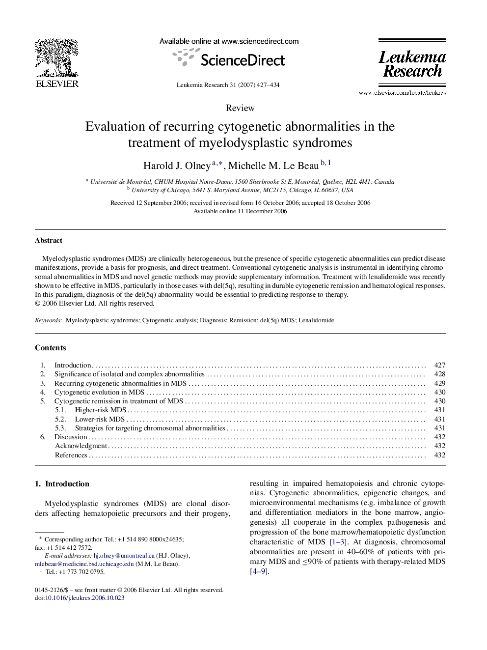 Evaluation of recurring cytogenetic abnormalities in the treatment of myelodysplastic syndromes