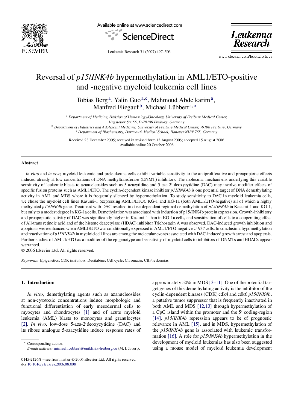 Reversal of p15/INK4b hypermethylation in AML1/ETO-positive and -negative myeloid leukemia cell lines