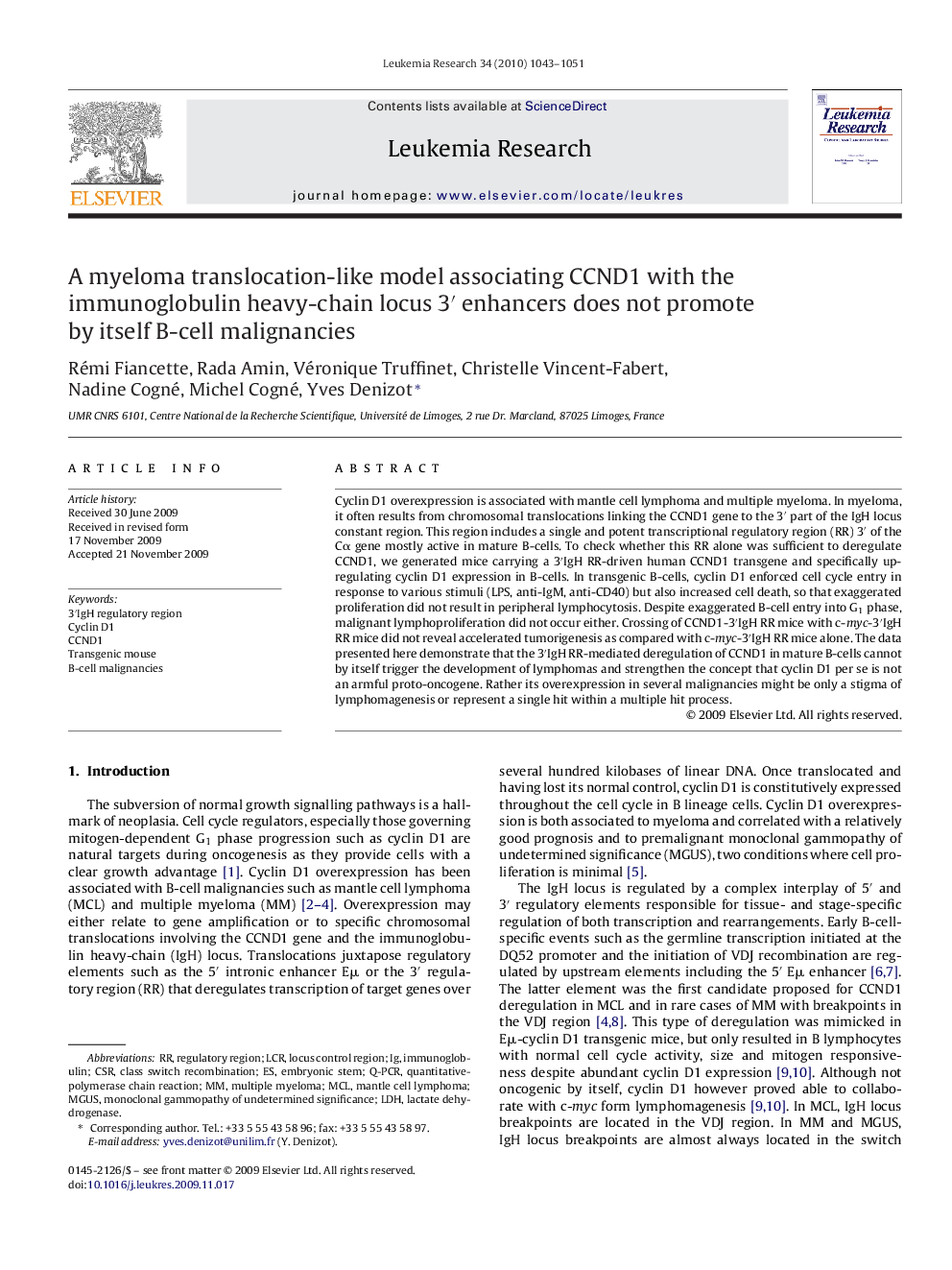 A myeloma translocation-like model associating CCND1 with the immunoglobulin heavy-chain locus 3′ enhancers does not promote by itself B-cell malignancies