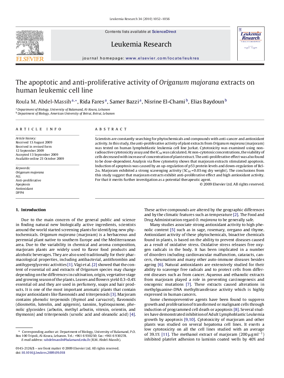 The apoptotic and anti-proliferative activity of Origanum majorana extracts on human leukemic cell line