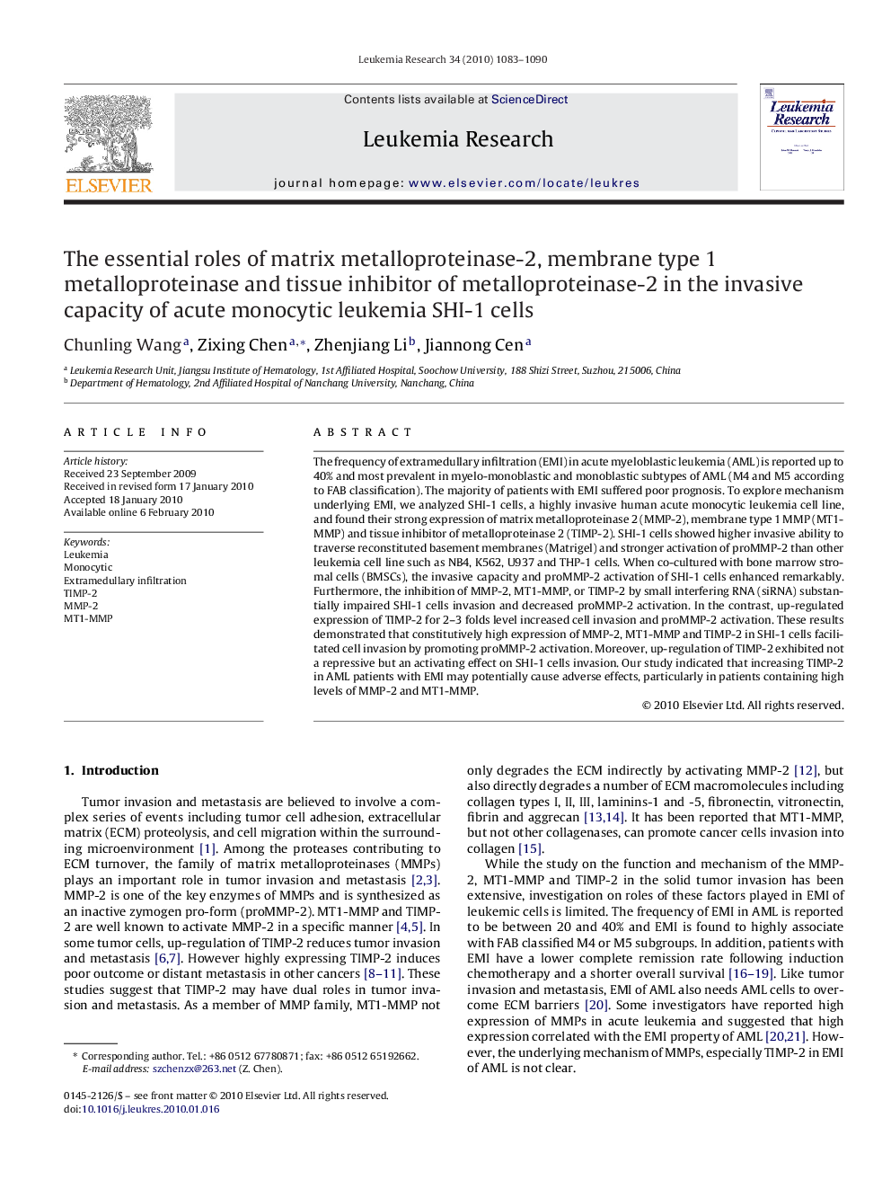 The essential roles of matrix metalloproteinase-2, membrane type 1 metalloproteinase and tissue inhibitor of metalloproteinase-2 in the invasive capacity of acute monocytic leukemia SHI-1 cells