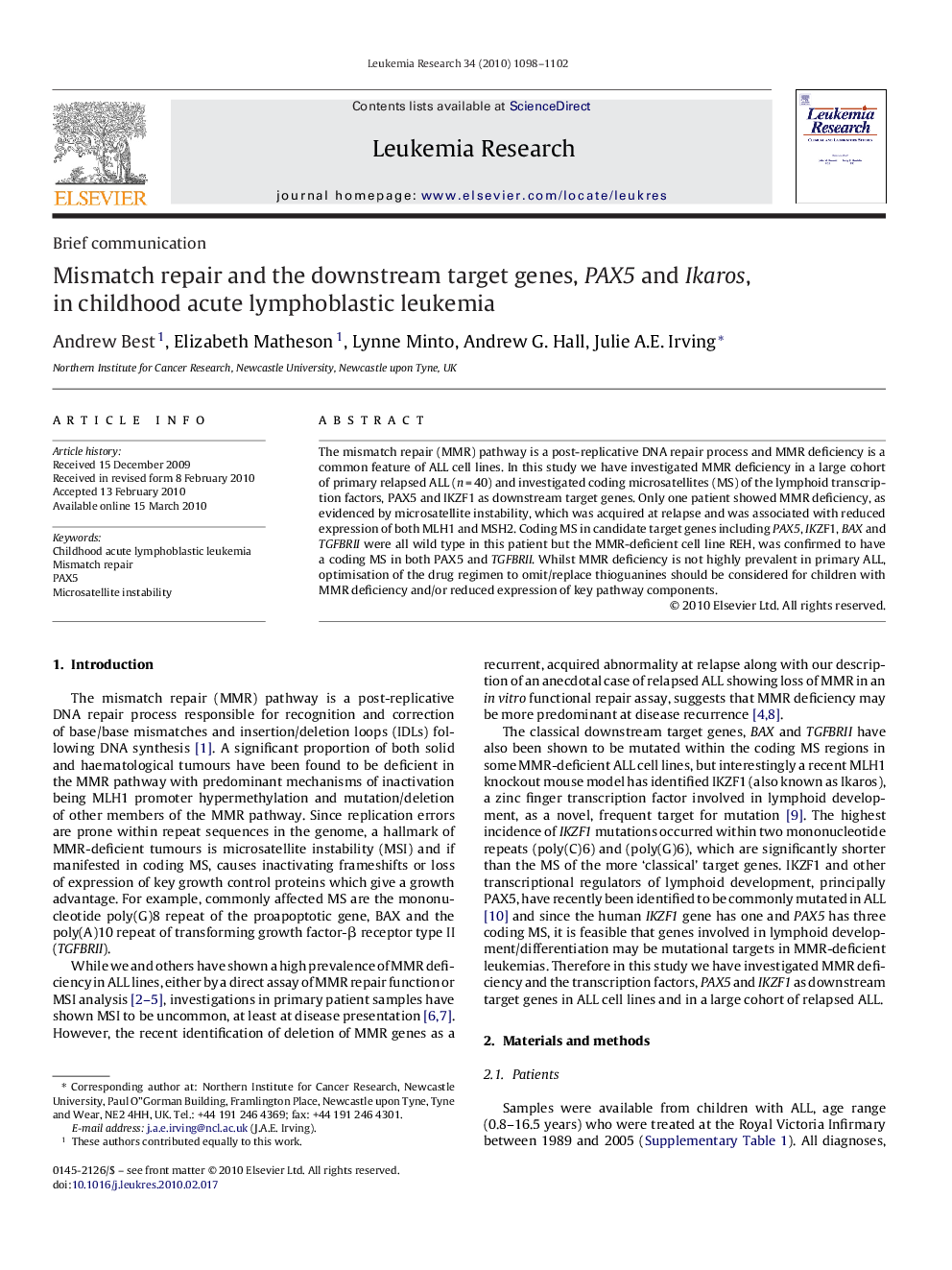 Mismatch repair and the downstream target genes, PAX5 and Ikaros, in childhood acute lymphoblastic leukemia