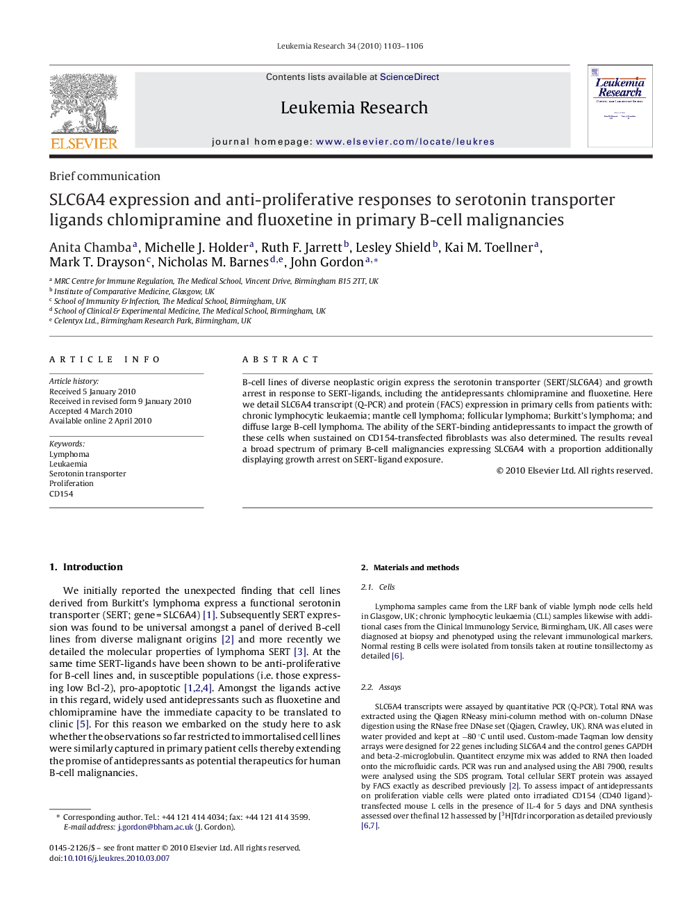 SLC6A4 expression and anti-proliferative responses to serotonin transporter ligands chlomipramine and fluoxetine in primary B-cell malignancies