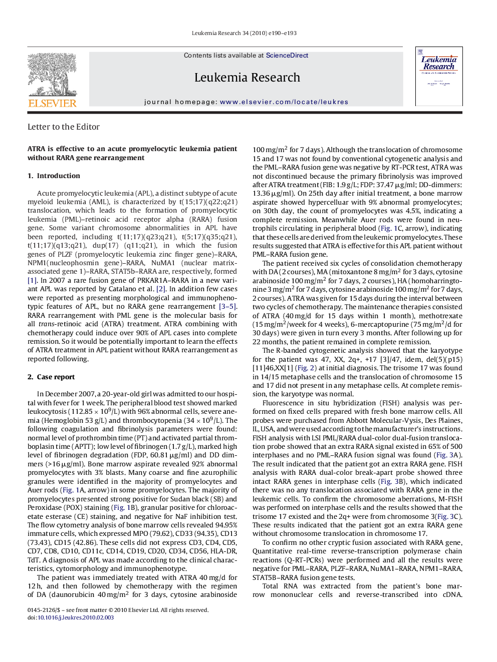 ATRA is effective to an acute promyelocytic leukemia patient without RARA gene rearrangement
