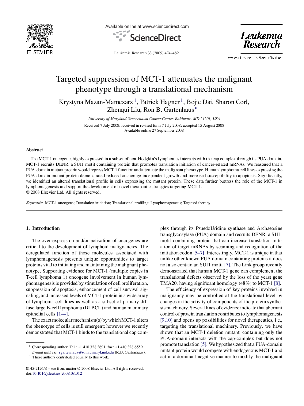 Targeted suppression of MCT-1 attenuates the malignant phenotype through a translational mechanism