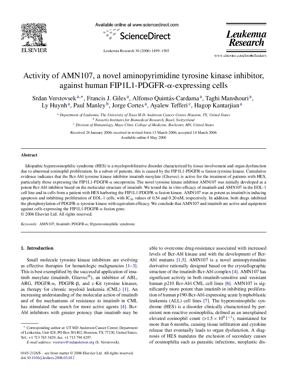 Activity of AMN107, a novel aminopyrimidine tyrosine kinase inhibitor, against human FIP1L1-PDGFR-Î±-expressing cells