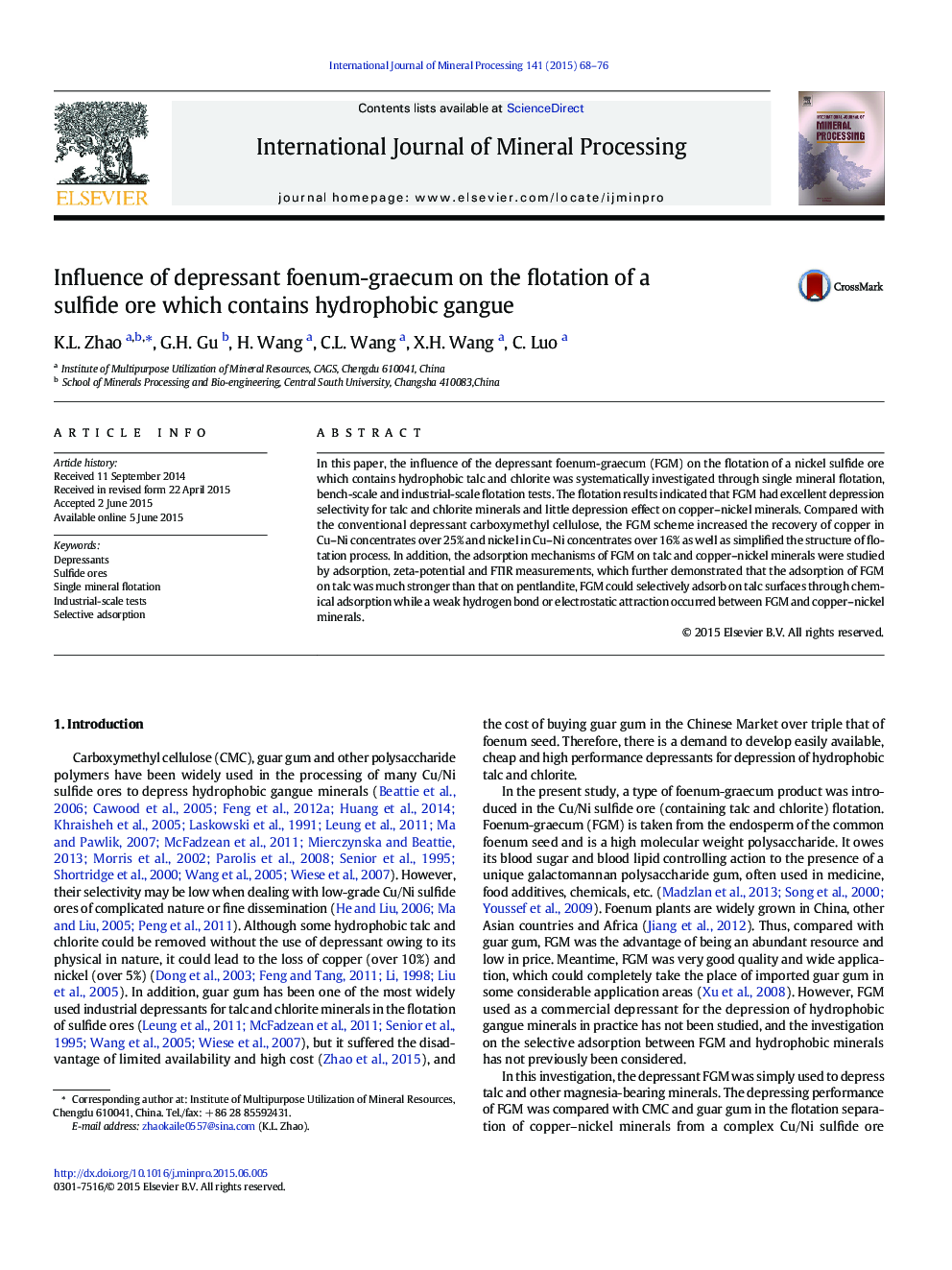 Influence of depressant foenum-graecum on the flotation of a sulfide ore which contains hydrophobic gangue