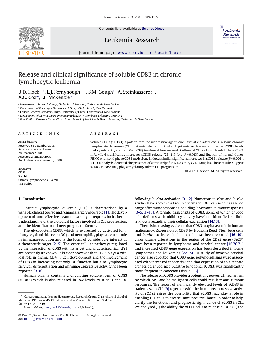 Release and clinical significance of soluble CD83 in chronic lymphocytic leukemia