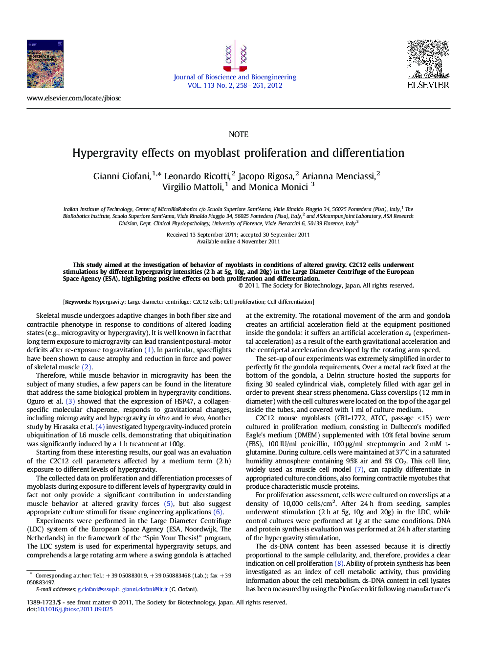 Hypergravity effects on myoblast proliferation and differentiation