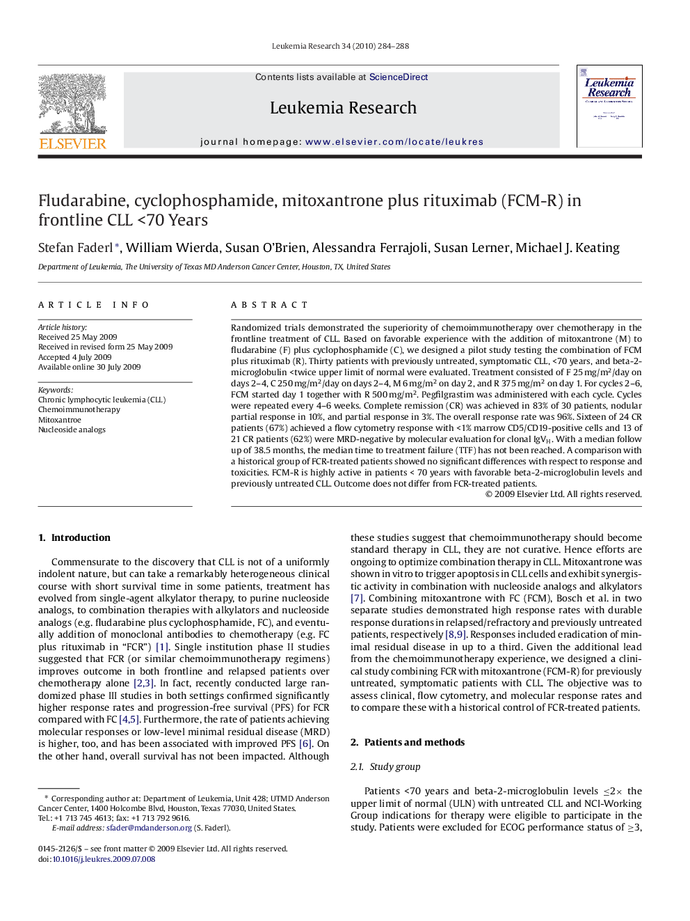 Fludarabine, cyclophosphamide, mitoxantrone plus rituximab (FCM-R) in frontline CLL <70 Years