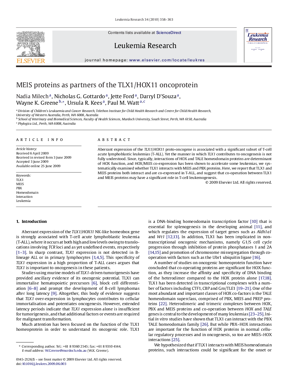 MEIS proteins as partners of the TLX1/HOX11 oncoprotein