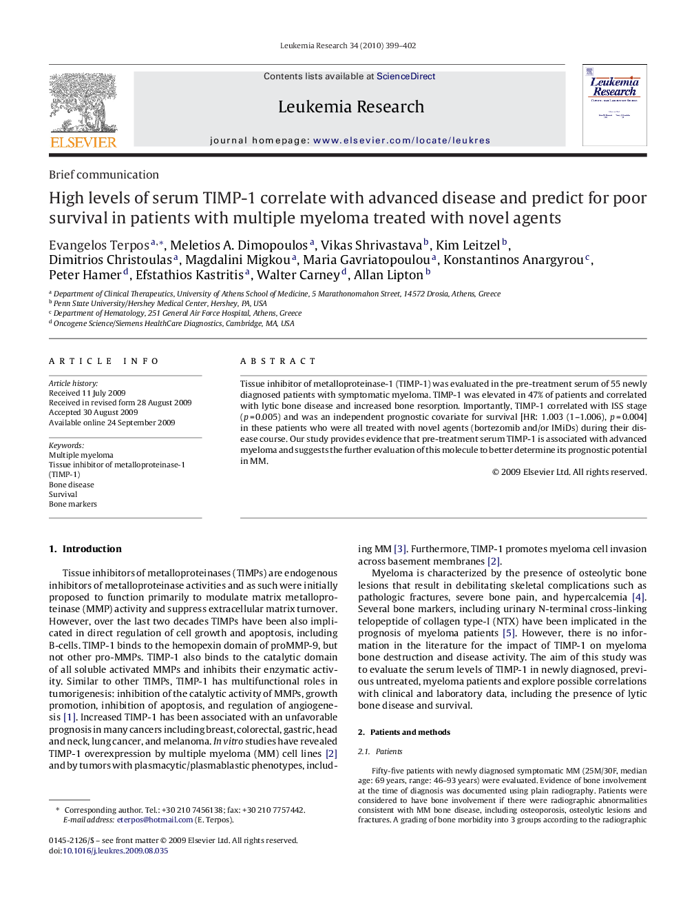 High levels of serum TIMP-1 correlate with advanced disease and predict for poor survival in patients with multiple myeloma treated with novel agents