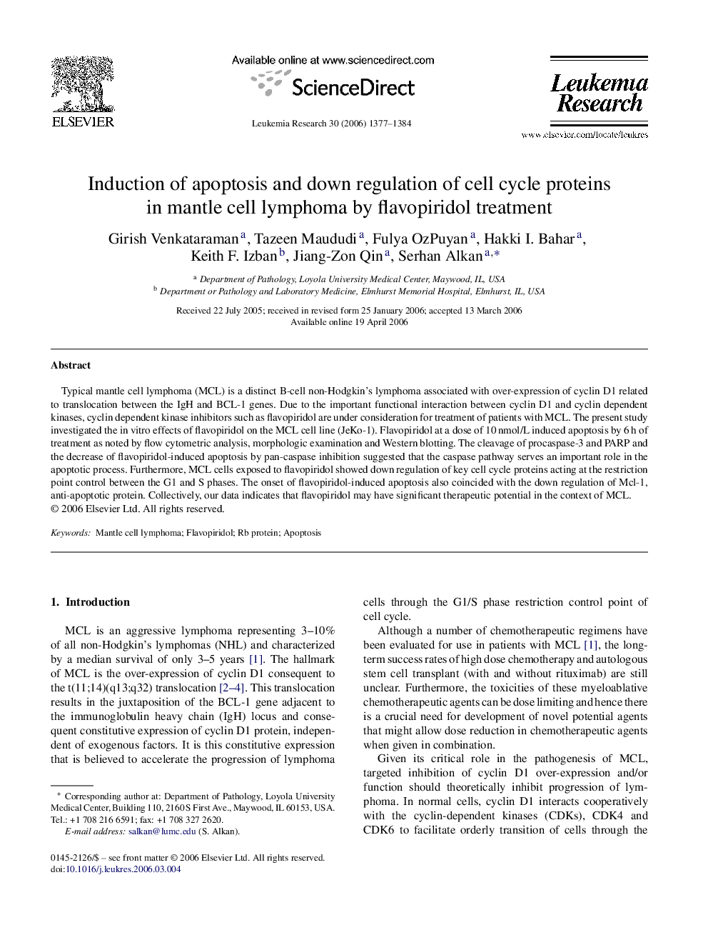 Induction of apoptosis and down regulation of cell cycle proteins in mantle cell lymphoma by flavopiridol treatment