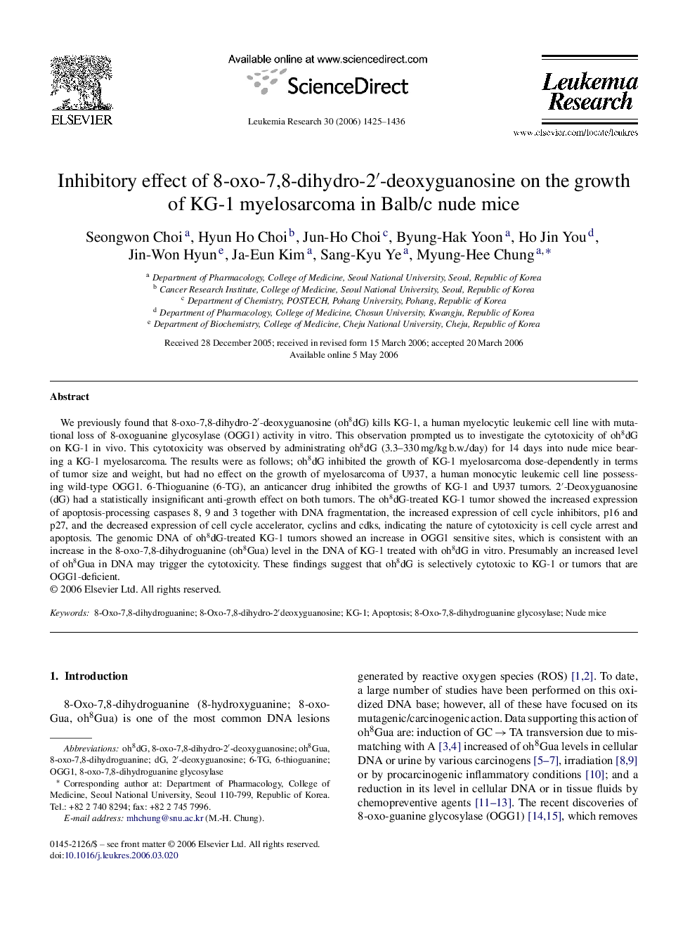 Inhibitory effect of 8-oxo-7,8-dihydro-2′-deoxyguanosine on the growth of KG-1 myelosarcoma in Balb/c nude mice