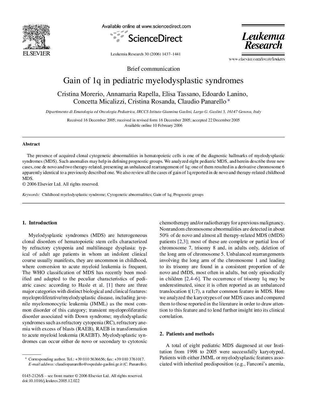 Gain of 1q in pediatric myelodysplastic syndromes