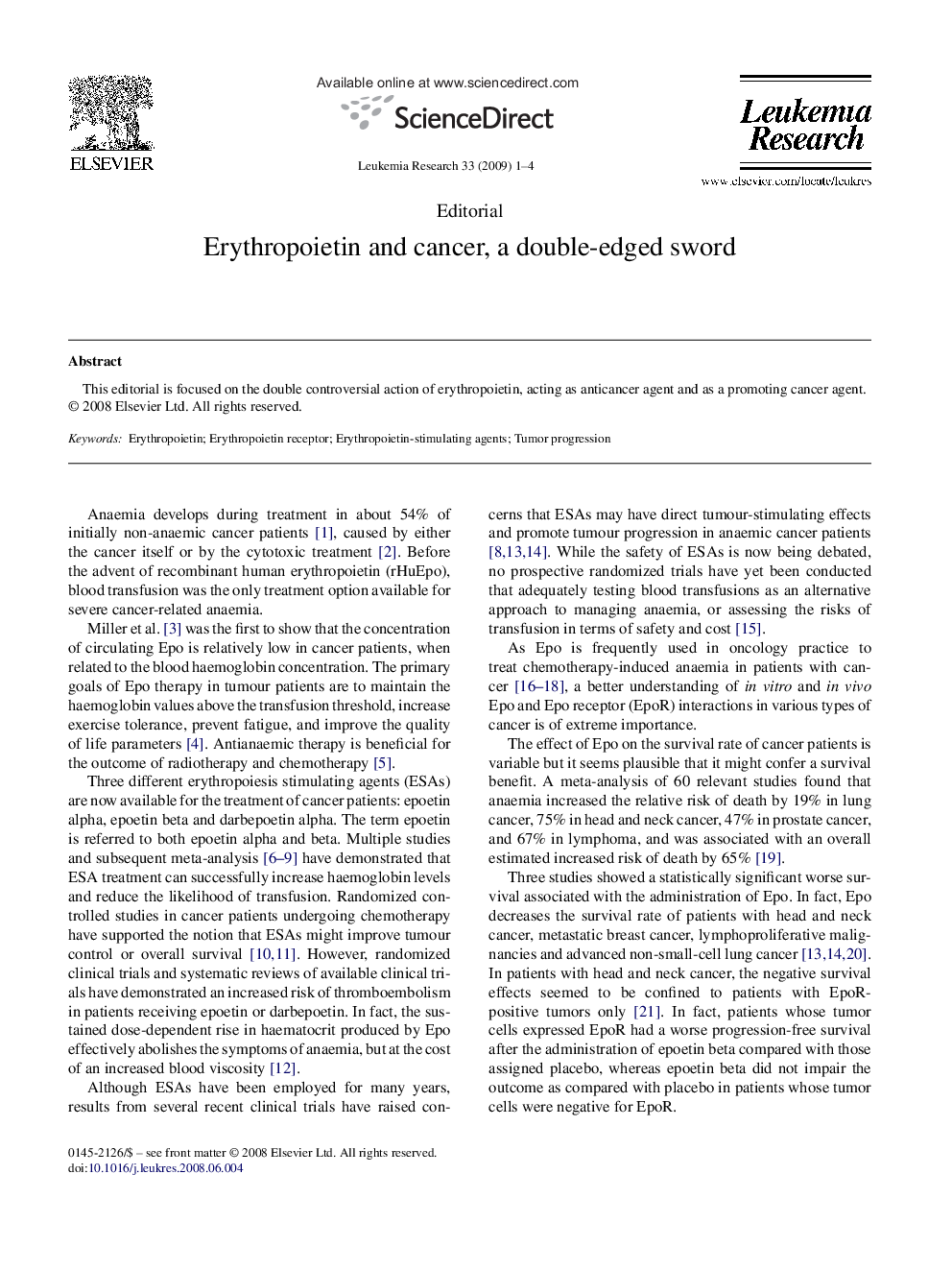 Erythropoietin and cancer, a double-edged sword